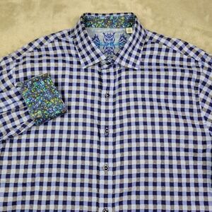 Robert Graham Men's Slim Fit‎ Button Up Shirt Blue Check Flip Cuff 2XL Cotton